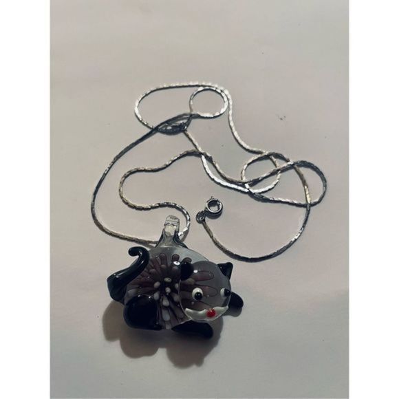 Pretty VINTAGE GLASS FLOWER KITTY NECKLACE - Picture 1 of 7